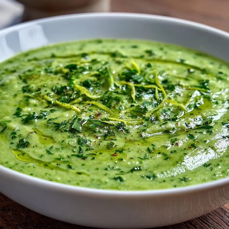 Vibrant green Zucchini Soup in a rustic mug, with fresh basil and a bright lemon zest garnish.
