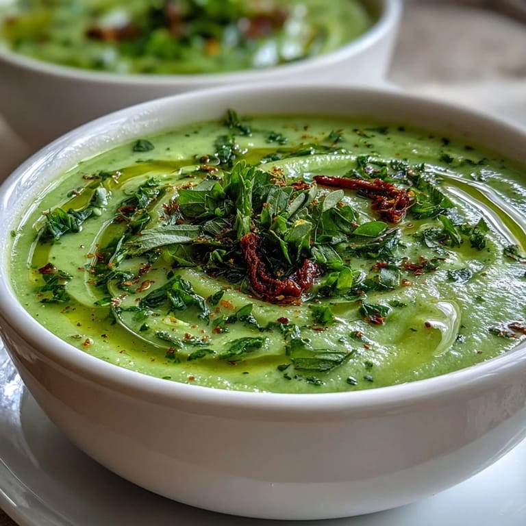 A warm bowl of Zucchini Soup topped with olive oil and chopped parsley, served with crusty bread.