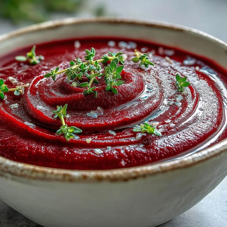 Steaming Roasted Beet Soup served beside crusty bread on a rustic wooden table.