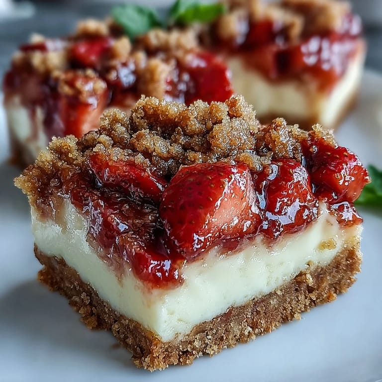 Sliced Strawberry Cheesecake Bars on a wooden board, showing creamy layers and juicy strawberry topping.