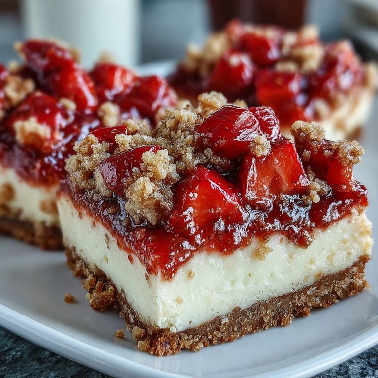 Homemade Strawberry Cheesecake Bars cooling on a rack, ready for a picnic or party dessert table.