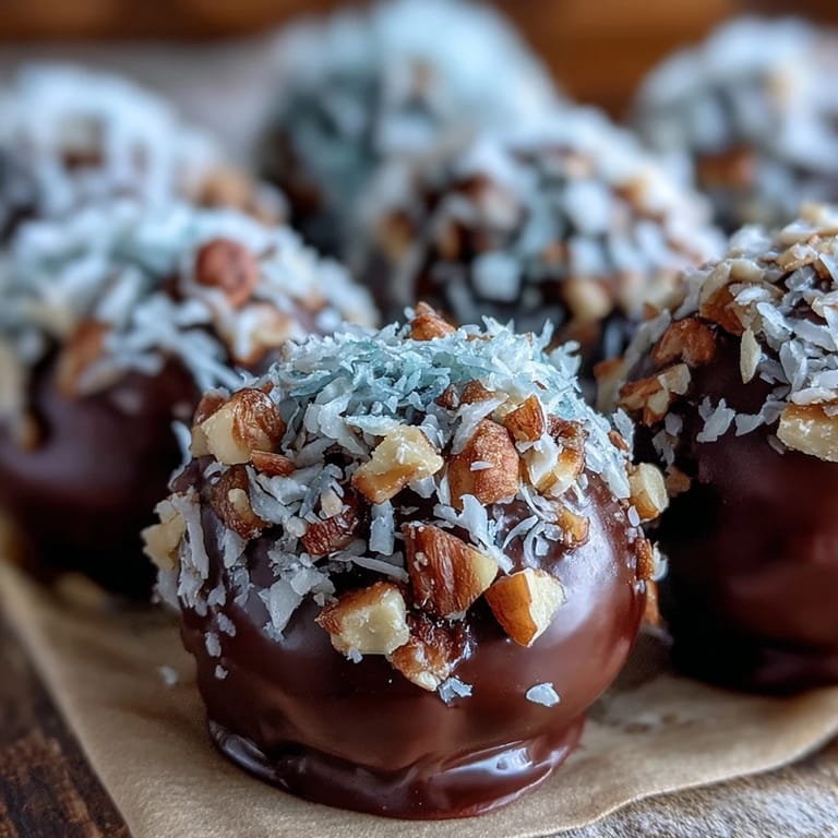 Chocolate Truffles rolled in finely chopped toasted hazelnuts, displayed on a small ceramic dish.