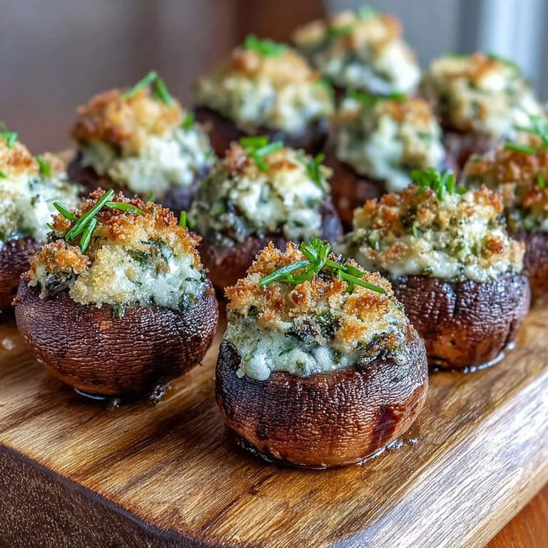 Perfectly baked Stuffed Asiago-Basil Mushrooms, filled with creamy cheese and basil, arranged on a rustic wooden board.