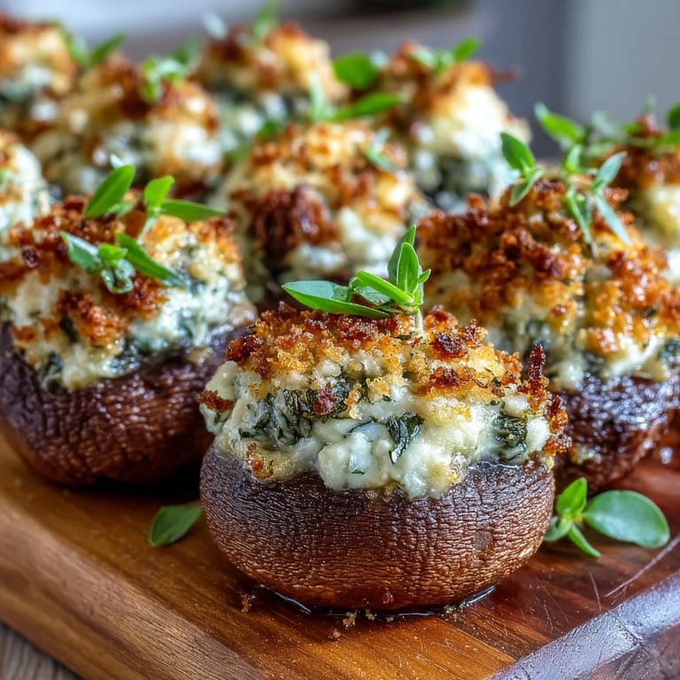 Bite-sized Stuffed Asiago-Basil Mushrooms, topped with melted Asiago and parsley, served on a ceramic appetizer dish.