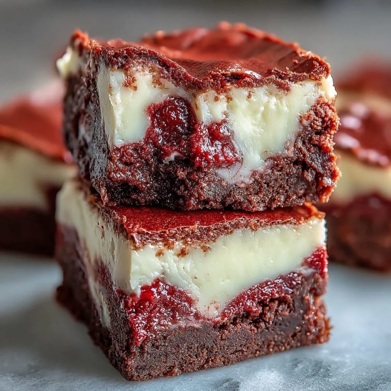 Decadent Red Velvet Cheesecake Brownies with vibrant red swirls, perfect for a festive dessert platter.