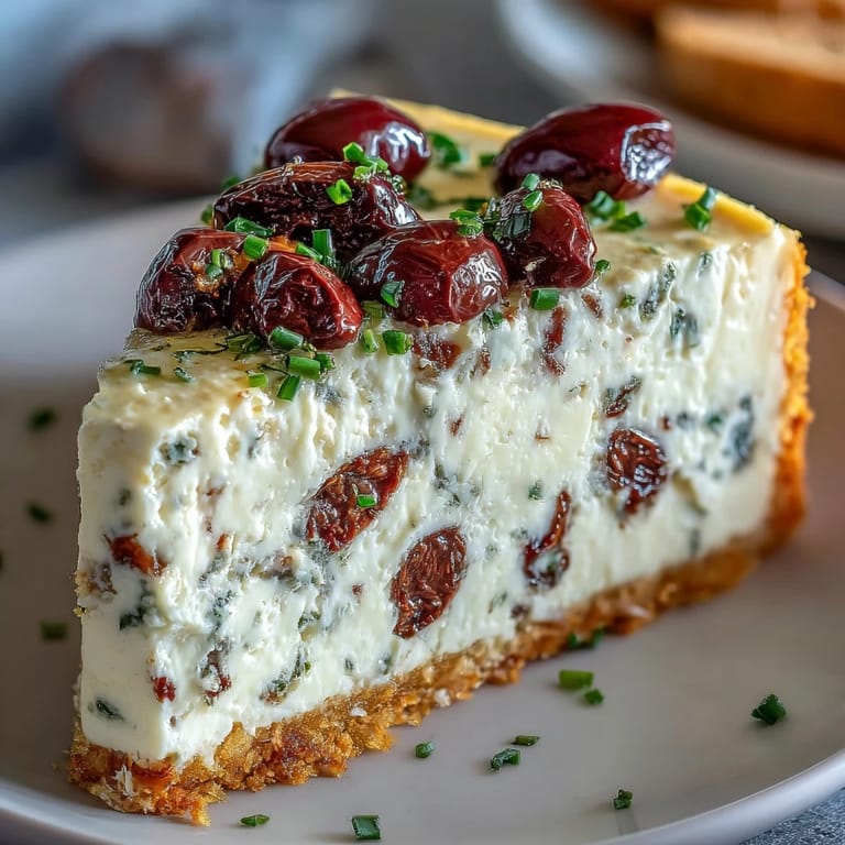 Overhead view of a Kalamata cheesecake appetizer with olive garnish, ready to be sliced and served with crackers.