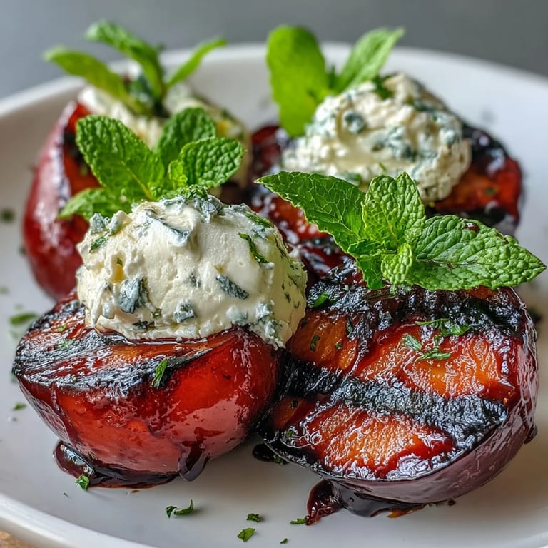 Seared Balsamic-Goat Cheese Grilled Plums with caramelized edges, a honey balsamic drizzle, and a dollop of tangy goat cheese.