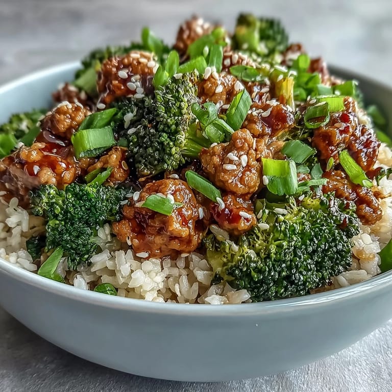 Sweet and Spicy Turkey Broccoli Bowls served family-style, garnished with green onions on a rustic wooden table.
