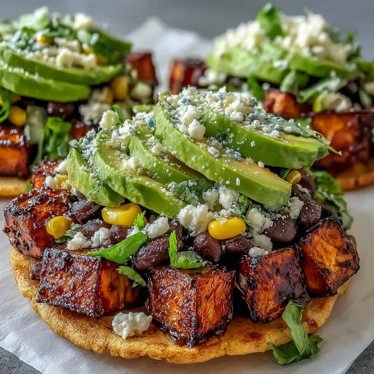 Warm tostadas with smoky paprika sweet potatoes, limey corn, and fresh cilantro ready to serve.