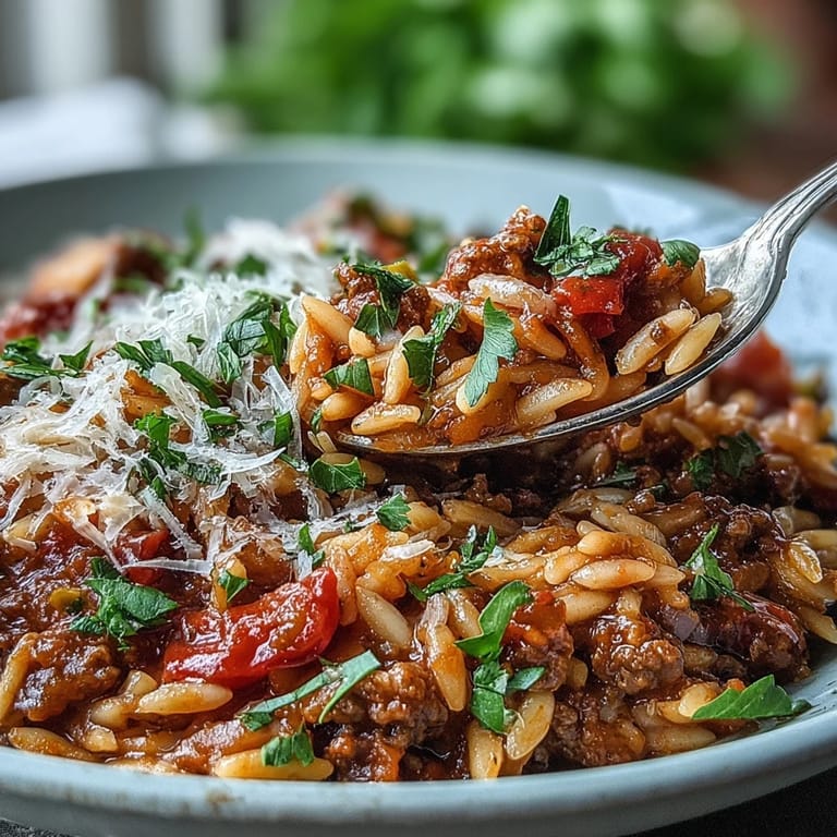 Top-down view of Comforting Ground Beef Orzo Dinner served in a bowl, garnished with fresh parsley and melted Parmesan cheese for a weeknight meal.