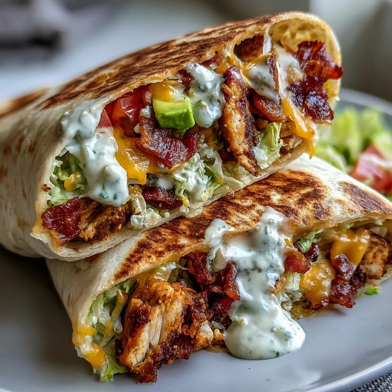 Hands holding a warm Crispy Chicken Bacon Wrap with creamy sauce dripping, served beside crispy sweet potato fries.