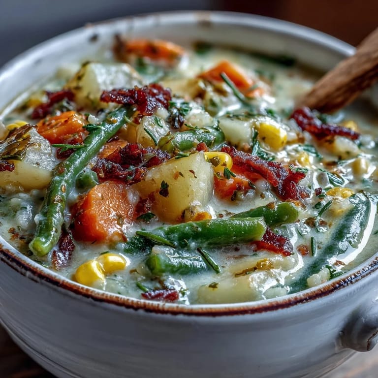 Homemade Amish Snow Day Soup simmering with green beans, celery, and bell peppers, paired with crusty bread on the side.