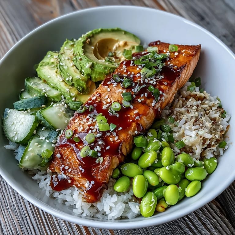 Close-up view of a deconstructed Honey Sriracha Salmon Bowl showcasing tender salmon, steamed edamame, sliced cucumbers, and avocado next to a bowl of jasmine rice.