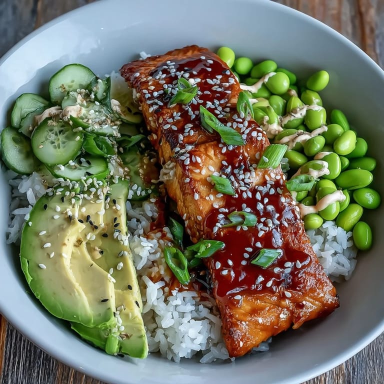 Perfectly glazed Honey Sriracha Salmon Bowl topped with creamy avocado slices, a drizzle of spicy mayo, and green onions, ready to be enjoyed for dinner.