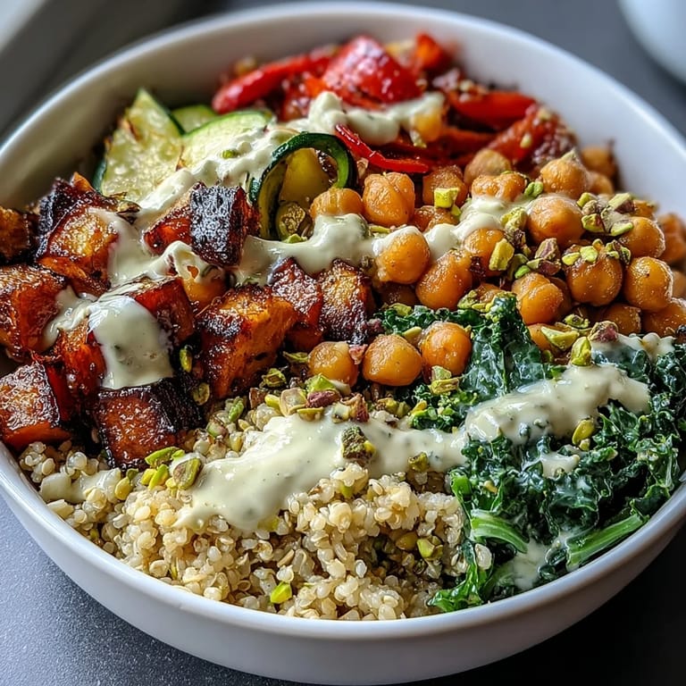 Overhead view of Mediterranean Buddha bowl meal prep showing colorful roasted vegetables, fluffy bulgur with pistachios, and chickpeas ready for a healthy lunch.
