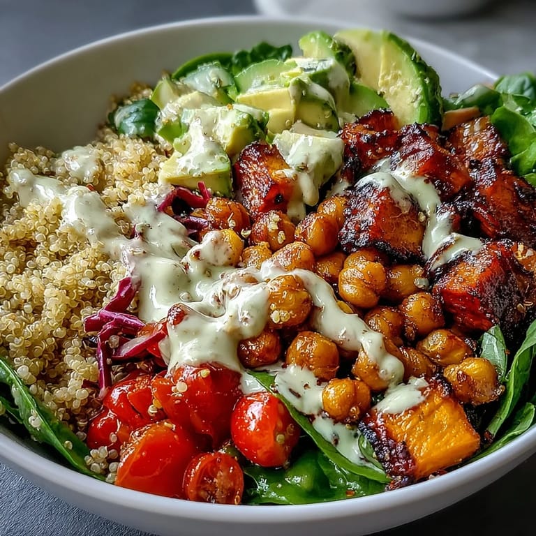 Close-up of a colorful Buddha Bowl with Quinoa, Roasted Sweet Potatoes, Crispy Chickpeas, fresh avocado slices, and drizzled garlic tahini dressing.
