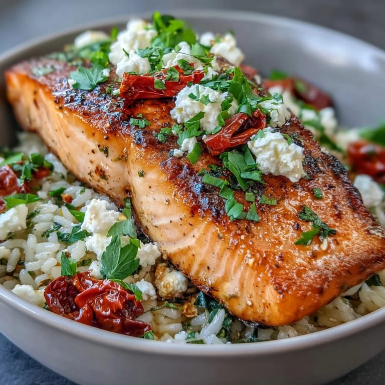 Sizzling Mediterranean Salmon Bowl topped with sun-dried tomatoes, cilantro, and lemon wedges for a fresh squeeze.