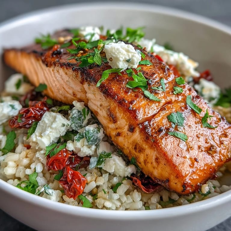 Served Mediterranean Salmon Bowl featuring tender salmon on crispy rice with colorful peppers and creamy feta.