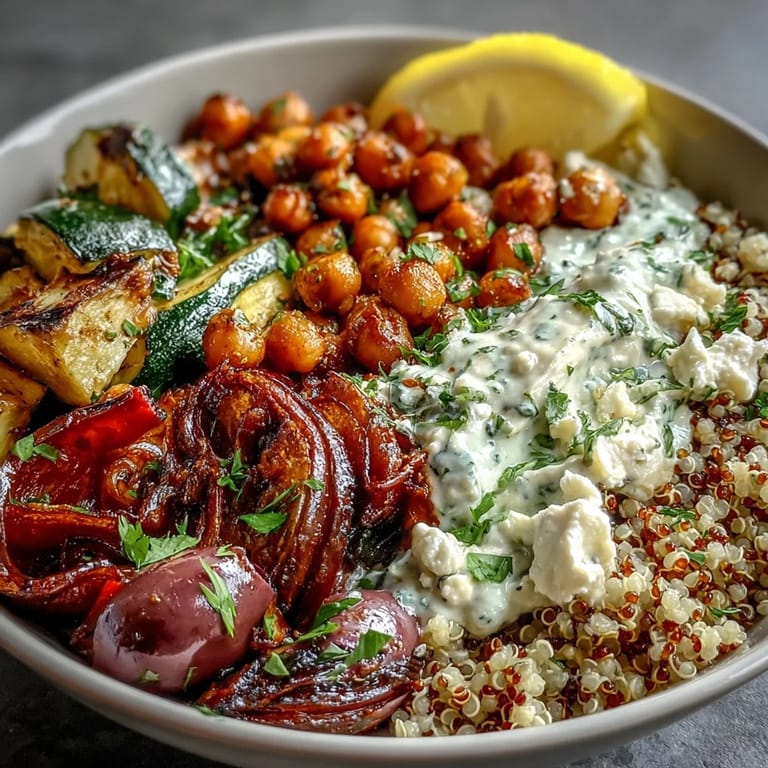 Bright Mediterranean Buddha Bowl topped with crumbled feta, olives, and tangy Greek yogurt.
