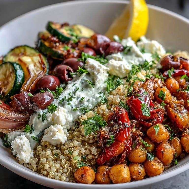 A vibrant Mediterranean Buddha Bowl featuring warm chickpeas, lemon wedges, and fresh parsley.