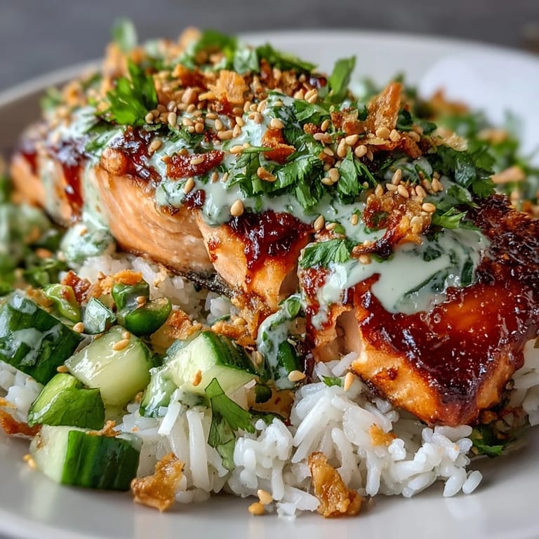 Overhead view of a homemade Bang Bang Salmon Bowl, featuring fluffy rice, edamame salsa, and a drizzle of spicy mayonnaise sauce.