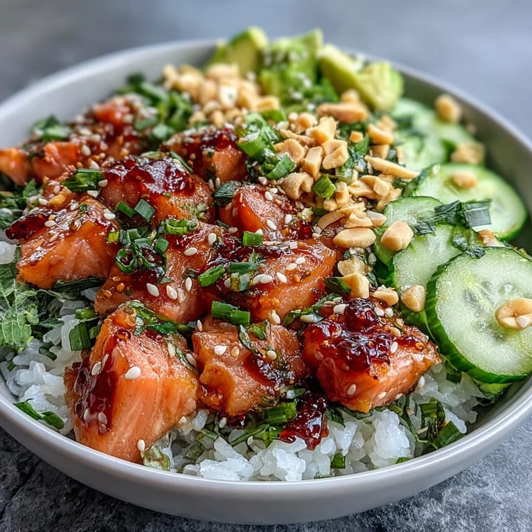 A close-up of the Avocado Salmon Bowl highlights a generous slice of creamy avocado next to tender salmon, a dollop of wasabi, and sesame seeds on rice.