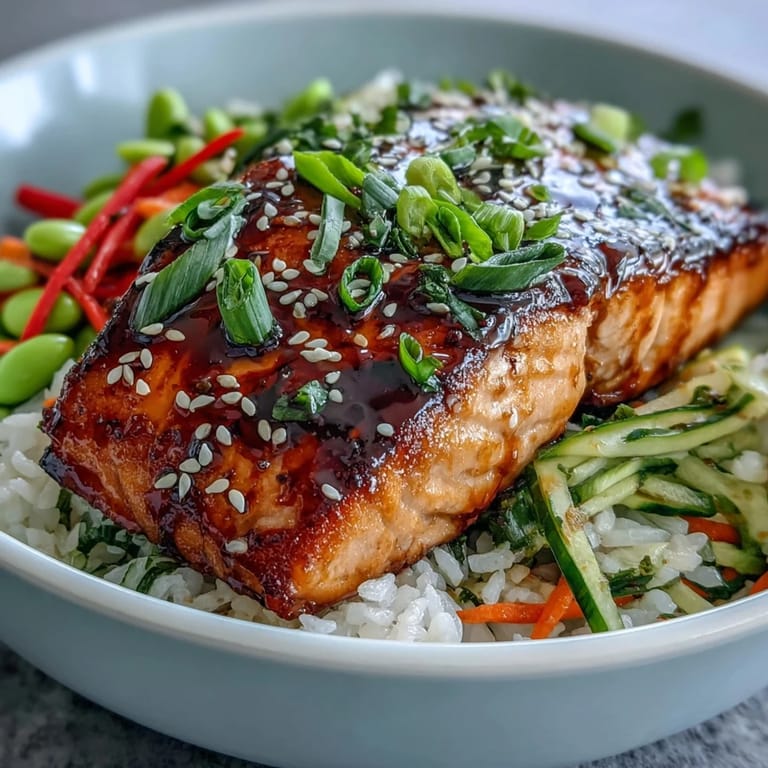 A healthy Asian-Inspired Salmon Bowl featuring glazed salmon, colorful julienned carrots and peppers, edamame, and a drizzle of savory sauce.