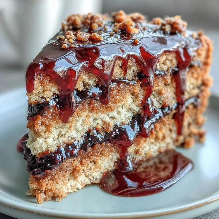 Peanut butter cake layers are filled with black currant jam and finished with a vibrant berry sauce drizzle.
