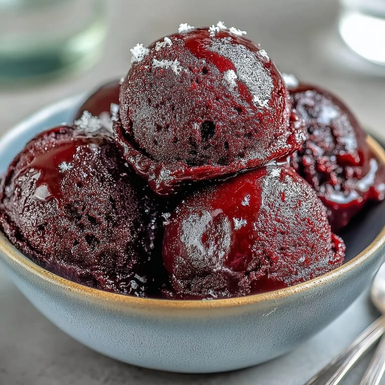 Bright Black Currant Sorbet served in elegant dessert glasses garnished with fresh mint leaves and lemon zest for a vibrant finish.