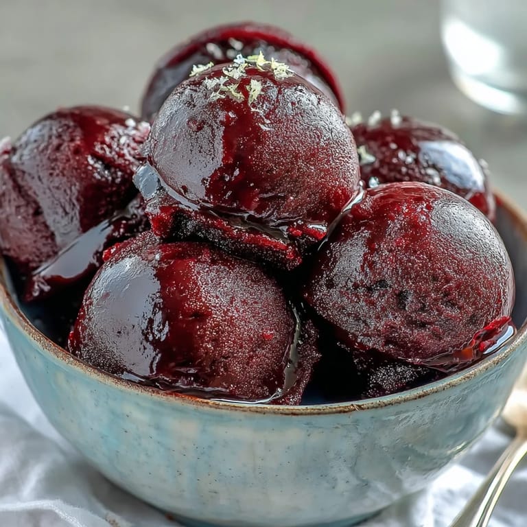 Rich purple Black Currant Sorbet is being scooped from a freezer container, revealing its dense, refreshing consistency perfect for summer.