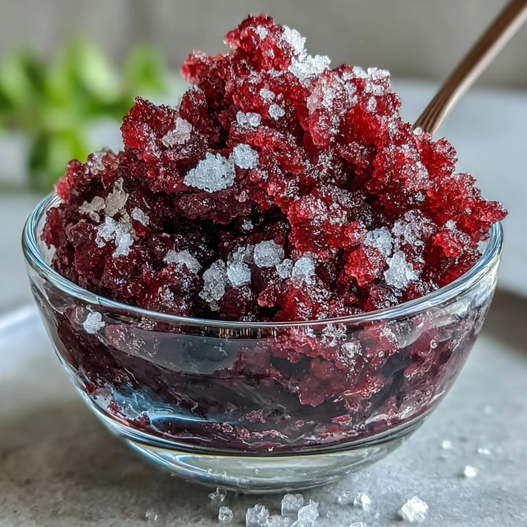 Homemade Italian Black Currant Granita scooped from a shallow metal pan. 