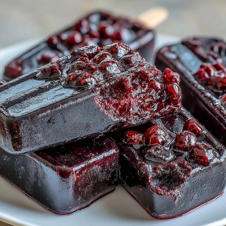 Close-up view of homemade Black Currant Popsicles glistening with condensation, highlighting the bold fruit flavor ready for a hot summer day.