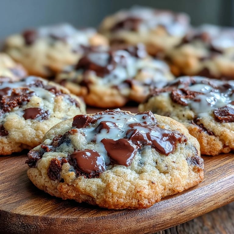 Warm Yogurt Chocolate Chip Cookies with a soft center arranged on a rustic wooden serving board.