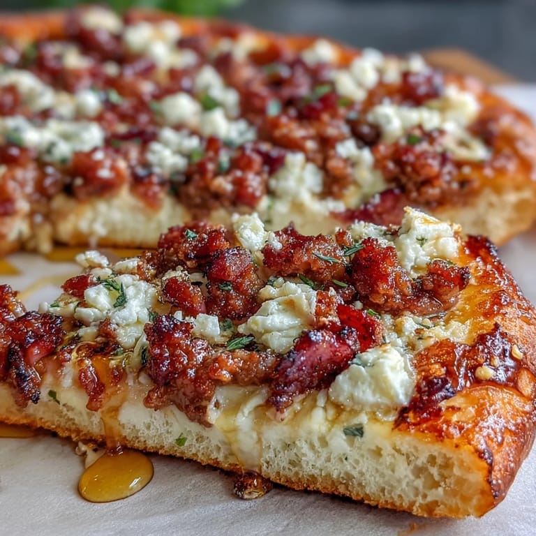 Slices of Hot Sausage Feta Honey Pizza being lifted from a baking sheet, showcasing gooey mozzarella, crumbled feta, and spicy sausage under a warm kitchen light.