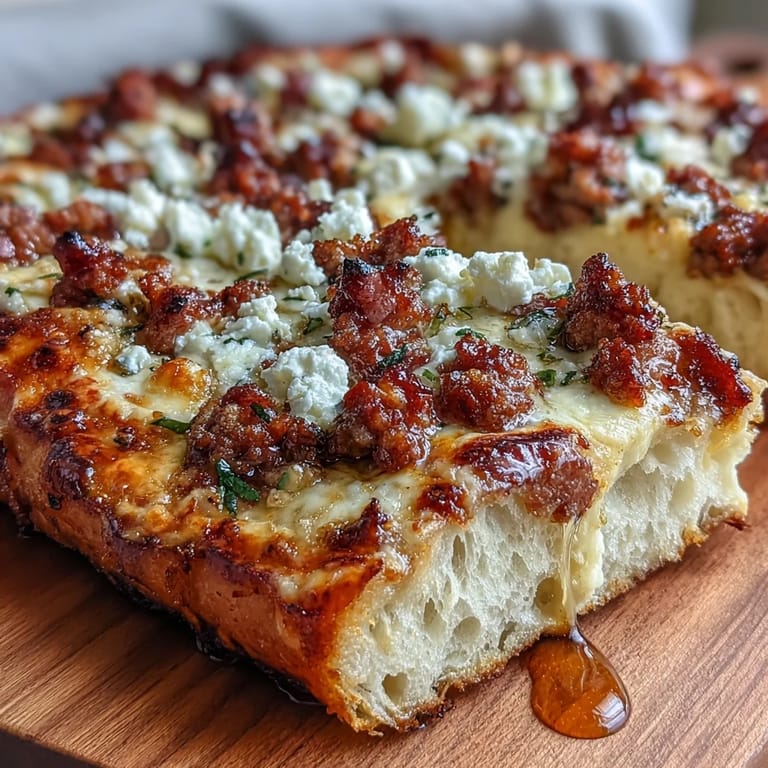 A rustic close-up of Hot Sausage Feta Honey Pizza on a wood serving board, featuring melted cheese, spicy sausage crumbles, and a bottle of hot honey nearby.