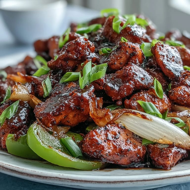 A steaming skillet of homemade Black Pepper Chicken stir-fry with vibrant green bell peppers and onion slices.