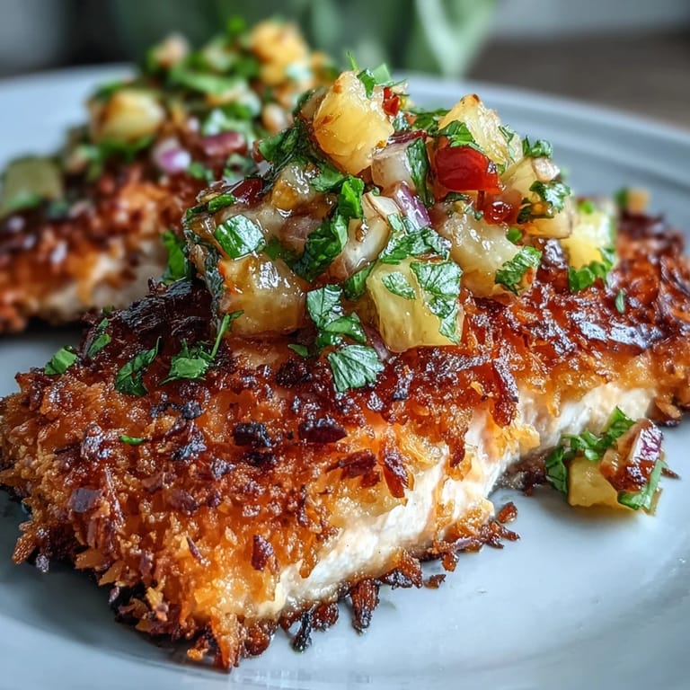 Seared Coconut Crusted Salmon topped with chunky fresh pineapple salsa and red onion for a tropical meal.