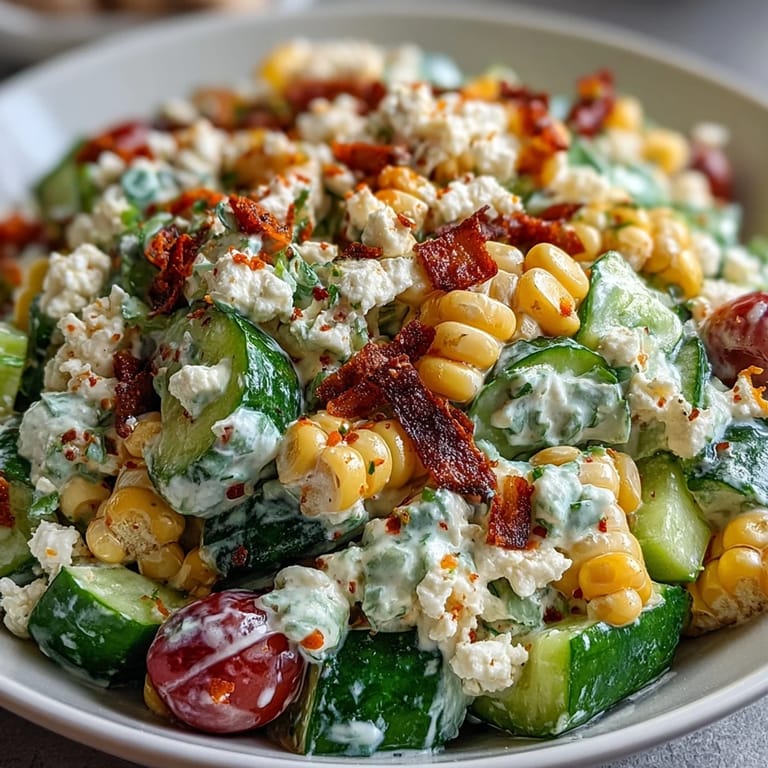 Fresh Street Corn Creamy Cucumber Salad served in a white bowl with cherry tomatoes and red onion, perfect for summer barbecues.