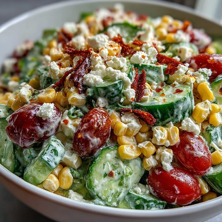 A close-up of Street Corn Creamy Cucumber Salad showing creamy dressing coating corn, cucumbers, and crumbled feta, ready to serve.