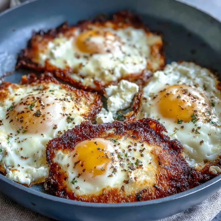 Golden, crispy feta holds a runny-yolked egg for Crispy Feta Fried Eggs.