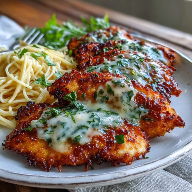 A platter of Lemon Parmesan Crusted Chicken drizzled with bright lemon butter sauce.