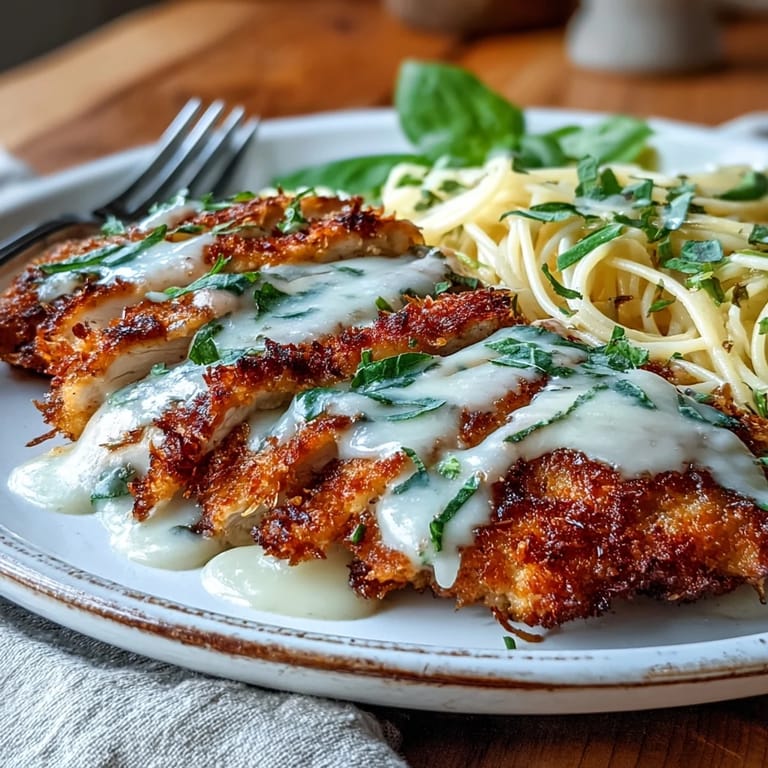 Dinner plate featuring golden breaded chicken topped with fresh parsley and lemon slices.