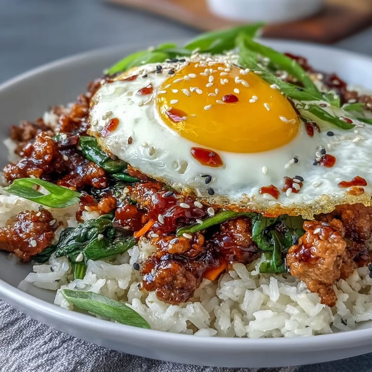 A bowl of Creamy Korean Turkey Rice Skillet served with spicy kimchi and a spoonful of vibrant sauce.