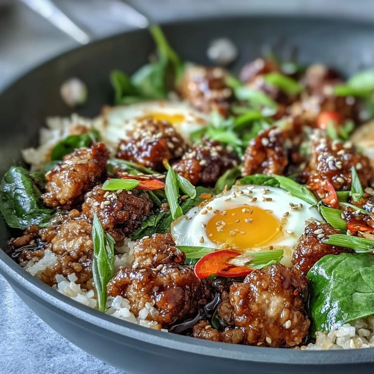 Golden skillet of Creamy Korean Turkey Rice Skillet featuring ground turkey, rice, spinach, and a glossy Korean sauce.