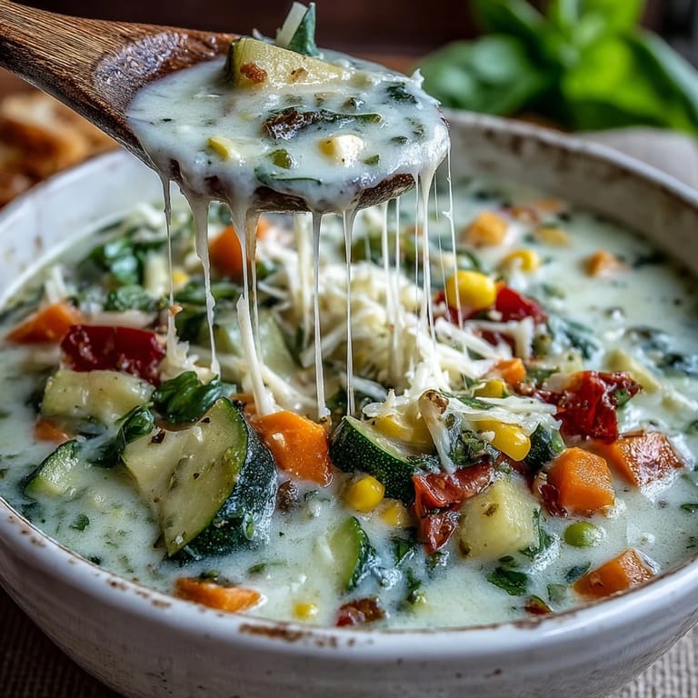 Served with crusty bread for dipping, this Creamy Garlic Parmesan Veggie Soup looks rich, creamy, and comforting.