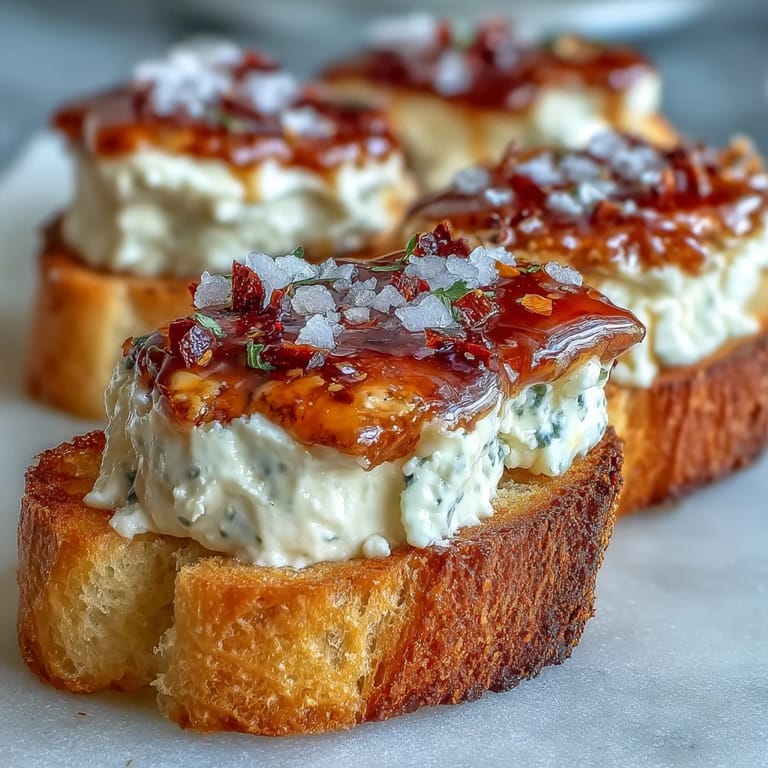 Freshly baked Hot Honey Goat Cheese Crostini garnished with chives and flaky sea salt on a serving board.