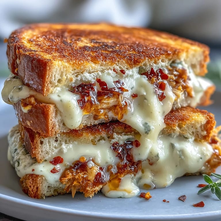 Goat Cheese & Hot Honey Chicken Grilled Cheese with melty cheese and shredded chicken on sourdough.