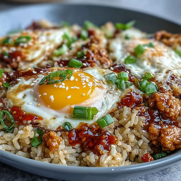 Spoonfuls of Creamy Korean Turkey Rice Skillet reveal a jammy egg yolk beside kimchi on a rustic plate for dinner.