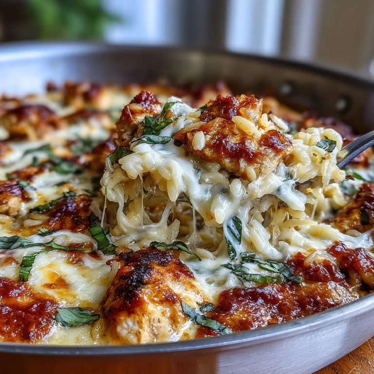 Stovetop One-Pan Creamy Chicken Lasagna Orzo topped with dollops of ricotta and Parmesan, finished with chopped fresh basil, ready to serve hot.