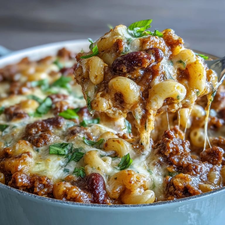 A spoon serves up a hearty helping of Baked Ranch Turkey Chili Mac beside a green salad.